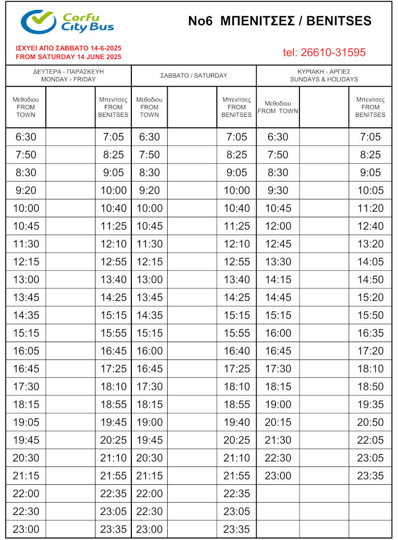 Benitses Blue Bus No 6 Timetable 2025