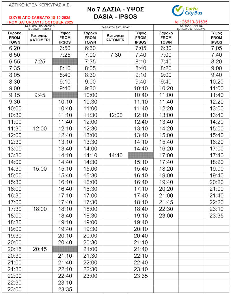 Corfu Blue bus No7 From Corfu Town to Dassia and Ipsos Timetable 2025