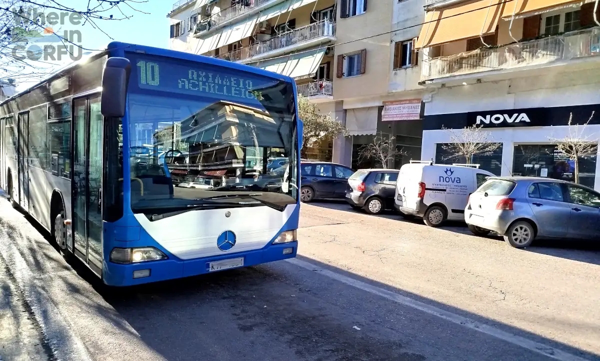Blue Bus 10 to Achilleon is waiting at the stop in Mitropolitou Methodiou Avenue
